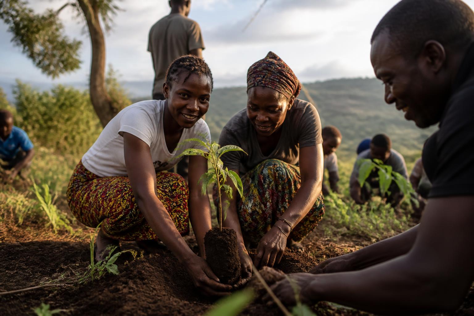Tanzanian community members planting indigenous tree seedlings together